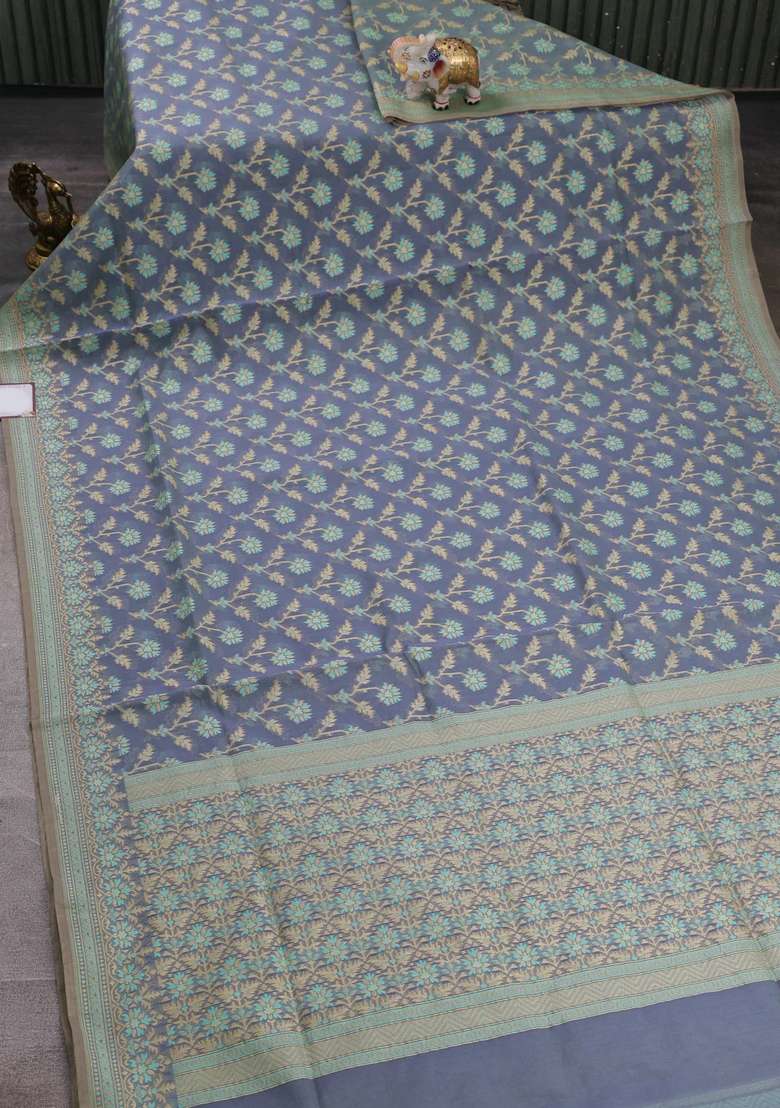Banarasi Cotton Saree Bluish Grey With Allover Thread Weaves And Woven Border With Traditional Woven Design For Women - Indya