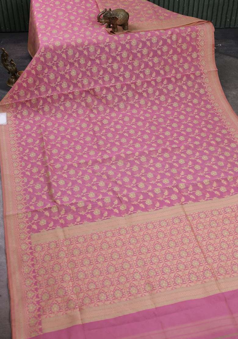 Banarasi Cotton Saree Pastel Pink With Allover Thread Weaves And Woven Border With Traditional Woven Design For Women - Indya