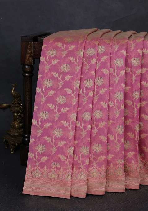 Banarasi Cotton Saree Pastel Pink With Allover Thread Weaves And Woven Border With Traditional Woven Design For Women