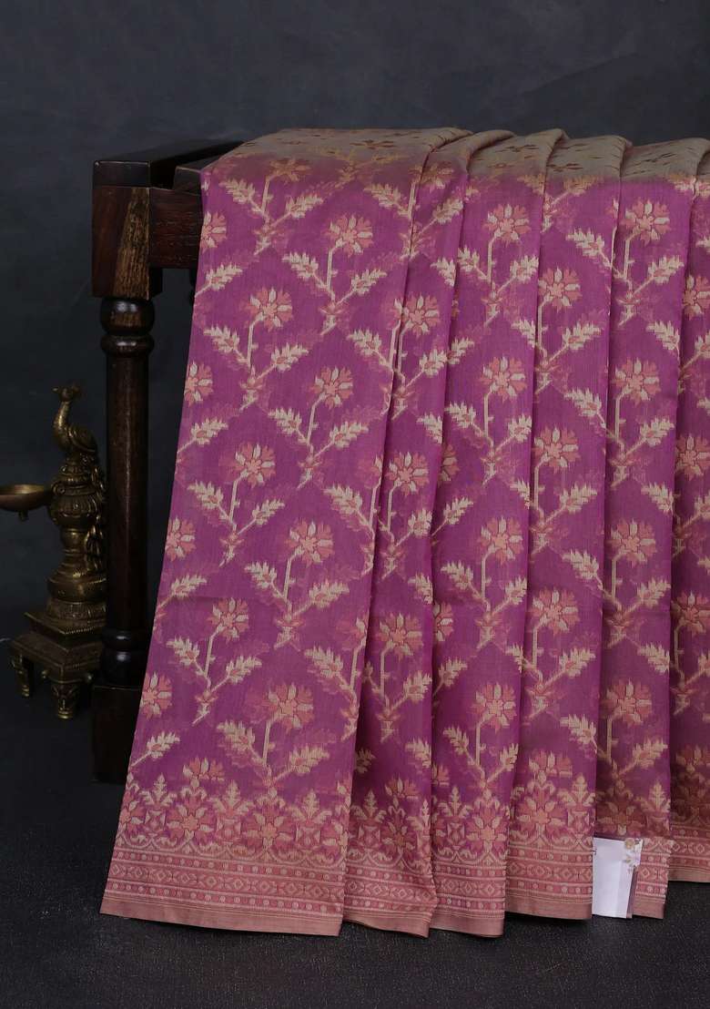 Banarasi Cotton Saree Purple With Allover Thread Weaves And Woven Border With Traditional Woven Design For Women - Indya