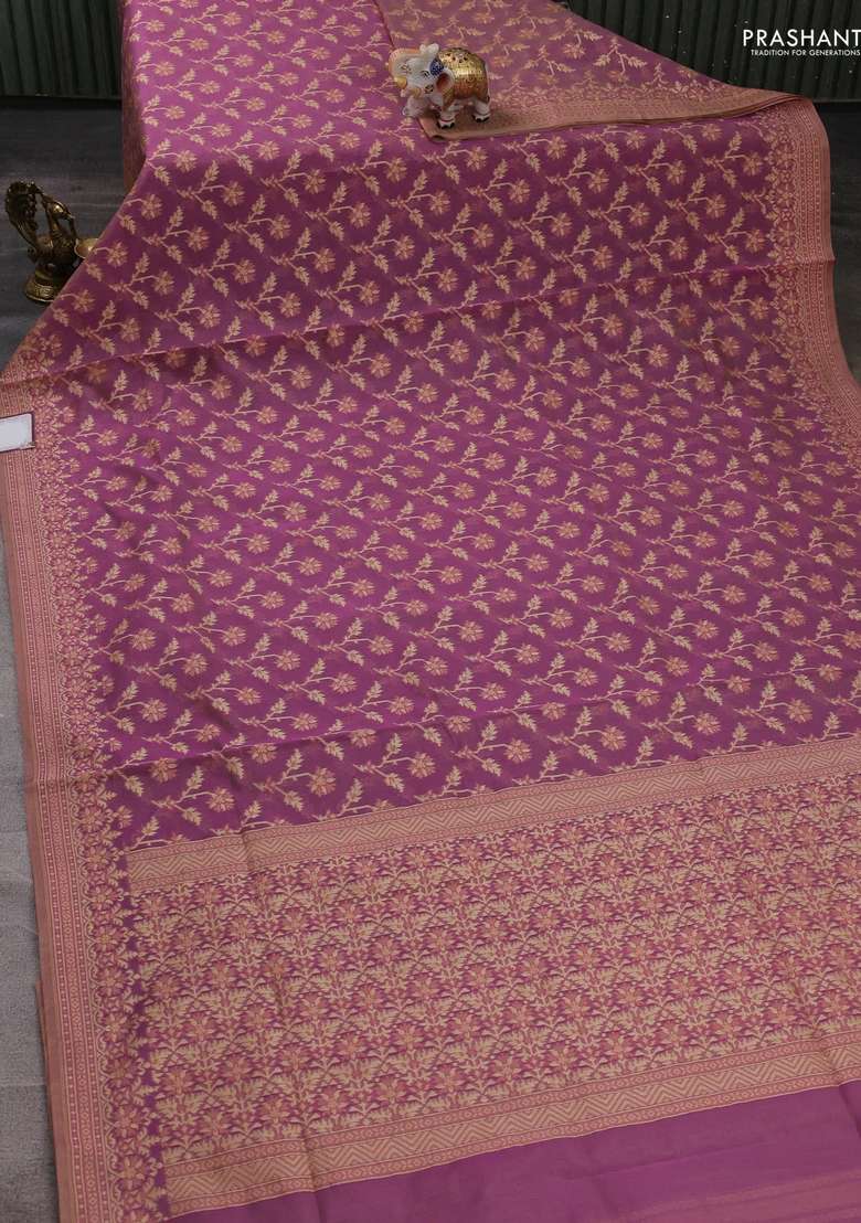 Banarasi Cotton Saree Purple With Allover Thread Weaves And Woven Border With Traditional Woven Design For Women - Indya