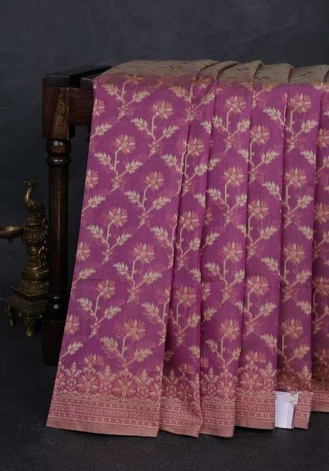 Banarasi Cotton Saree Purple With Allover Thread Weaves And Woven Border With Traditional Woven Design For Women