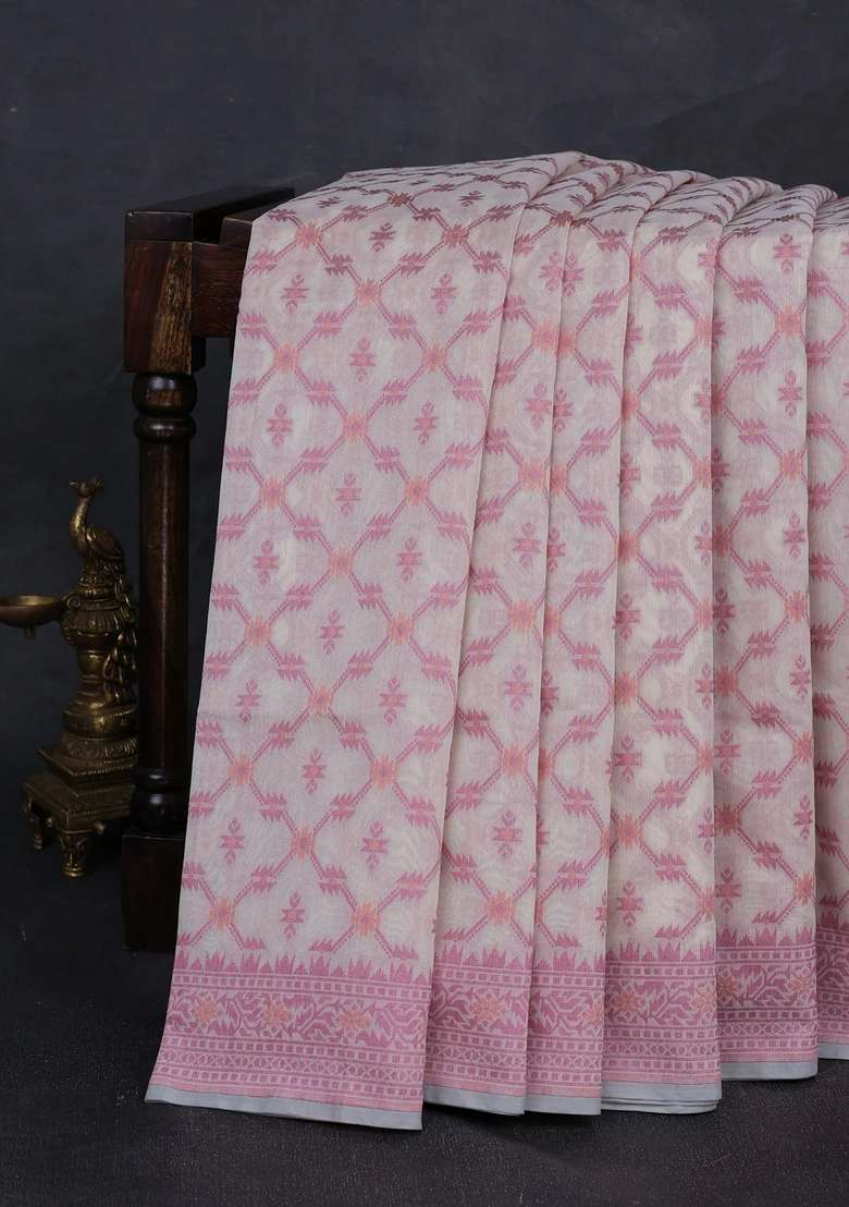 Banarasi Cotton Saree Beige And Mauve Pink With Allover Thread Weaves And Woven Border With Traditional Woven Design For Women - Indya