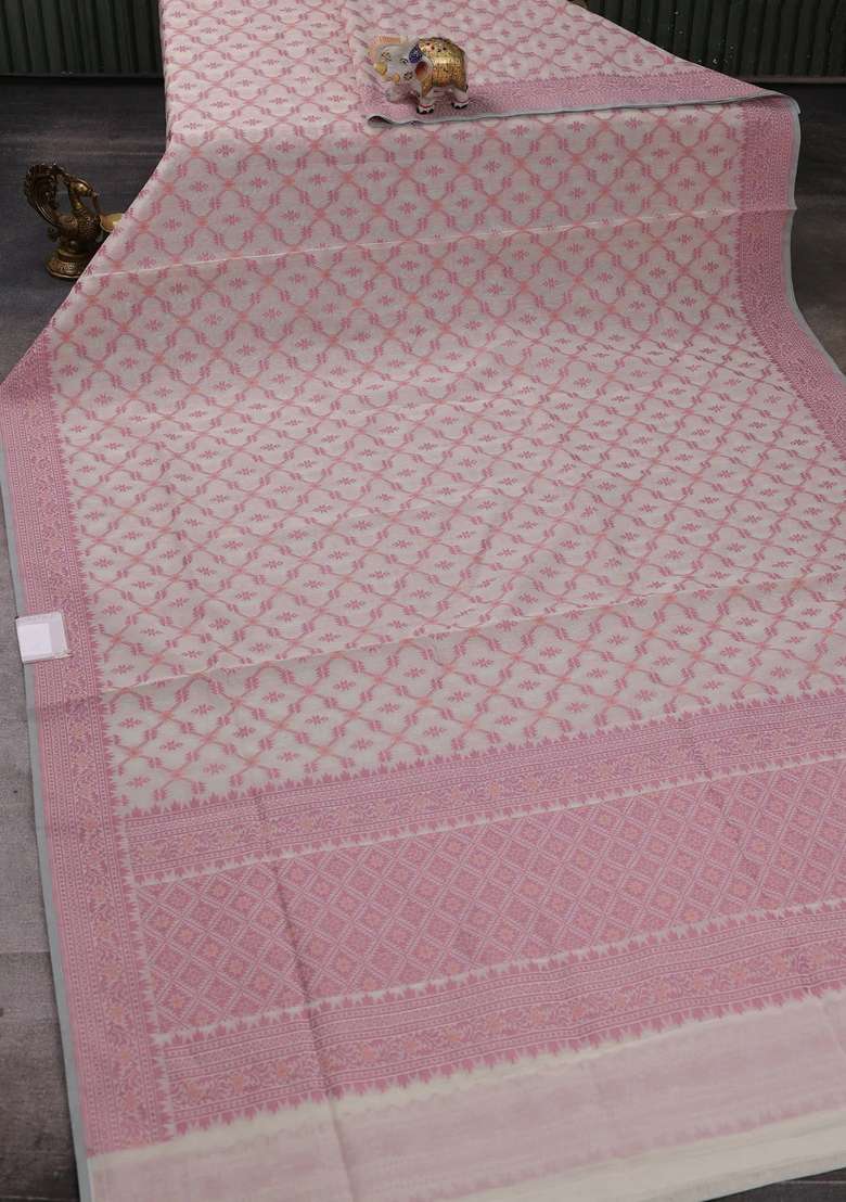 Banarasi Cotton Saree Beige And Mauve Pink With Allover Thread Weaves And Woven Border With Traditional Woven Design For Women - Indya