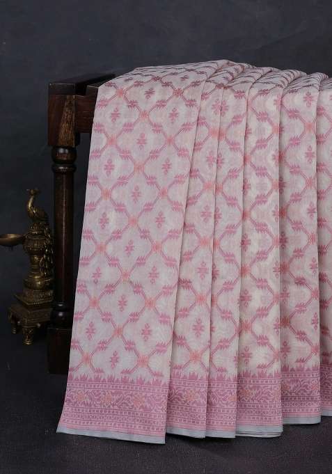 Banarasi Cotton Saree Beige And Mauve Pink With Allover Thread Weaves And Woven Border With Traditional Woven Design For Women