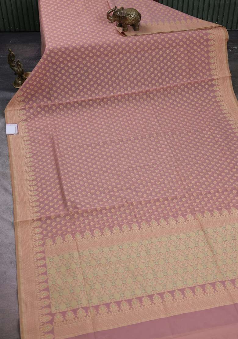 Banarasi Cotton Saree Peach Shade With Thread Woven Butta Weaves And Woven Border With Buttas And Brocade Design For Women - Indya