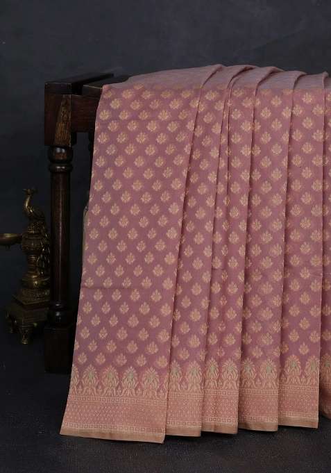 Banarasi Cotton Saree Peach Shade With Thread Woven Butta Weaves And Woven Border With Buttas And Brocade Design For Women