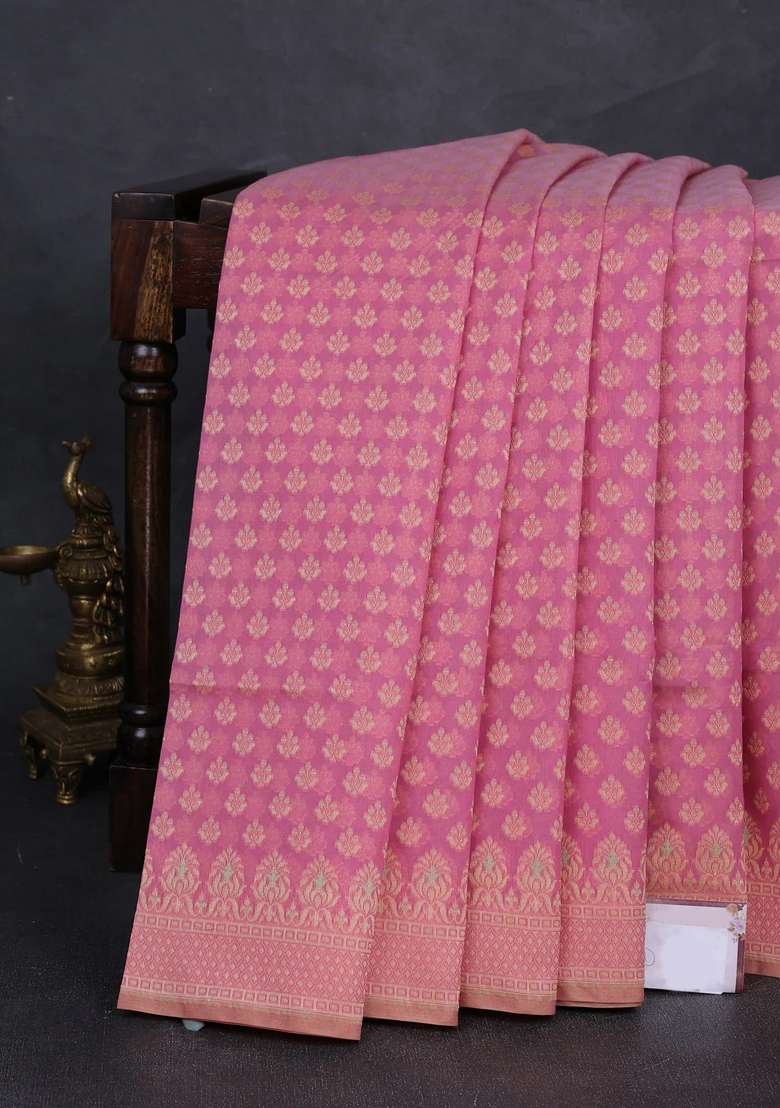 Banarasi Cotton Saree Pink Shade With Thread Woven Butta Weaves And Woven Border With Buttas And Brocade Design For Women - Indya