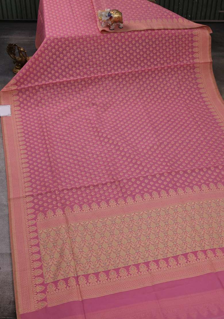 Banarasi Cotton Saree Pink Shade With Thread Woven Butta Weaves And Woven Border With Buttas And Brocade Design For Women - Indya