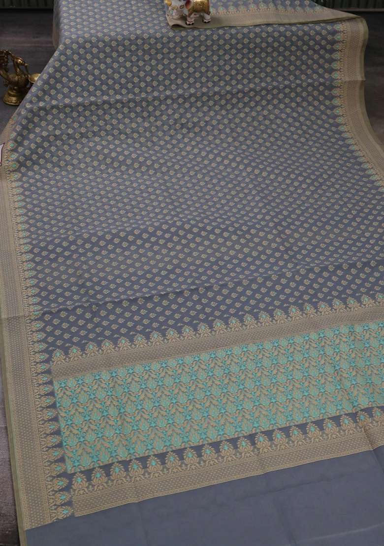 Banarasi Cotton Saree Grey With Thread Woven Butta Weaves And Woven Border With Buttas And Brocade Design For Women - Indya