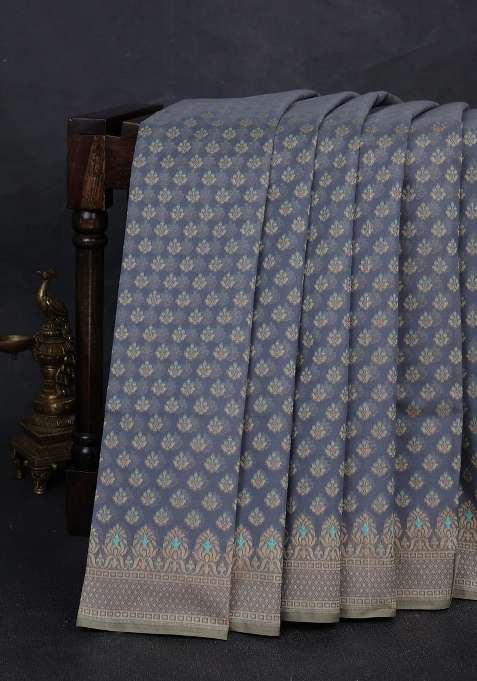 Banarasi Cotton Saree Grey With Thread Woven Butta Weaves And Woven Border With Buttas And Brocade Design For Women