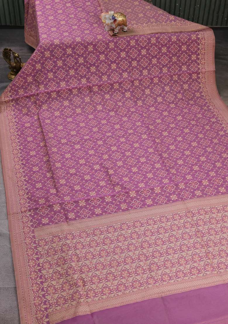 Banarasi Cotton Saree Purple Shade With Allover Thread Weaves And Woven Border With Traditional Woven Design For Women - Indya
