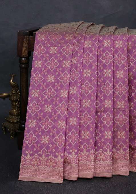Banarasi Cotton Saree Purple Shade With Allover Thread Weaves And Woven Border With Traditional Woven Design For Women