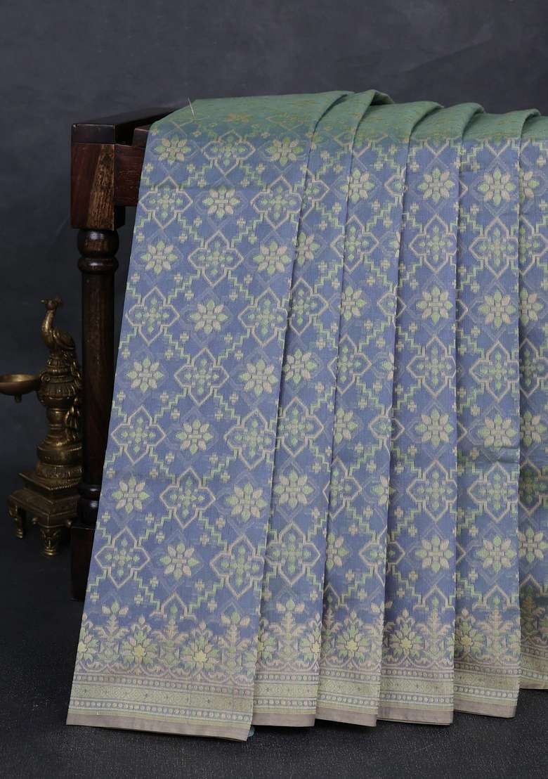Banarasi Cotton Saree Dual Shade Of Grey With Allover Thread Weaves And Woven Border With Traditional Woven Design For Women - Indya