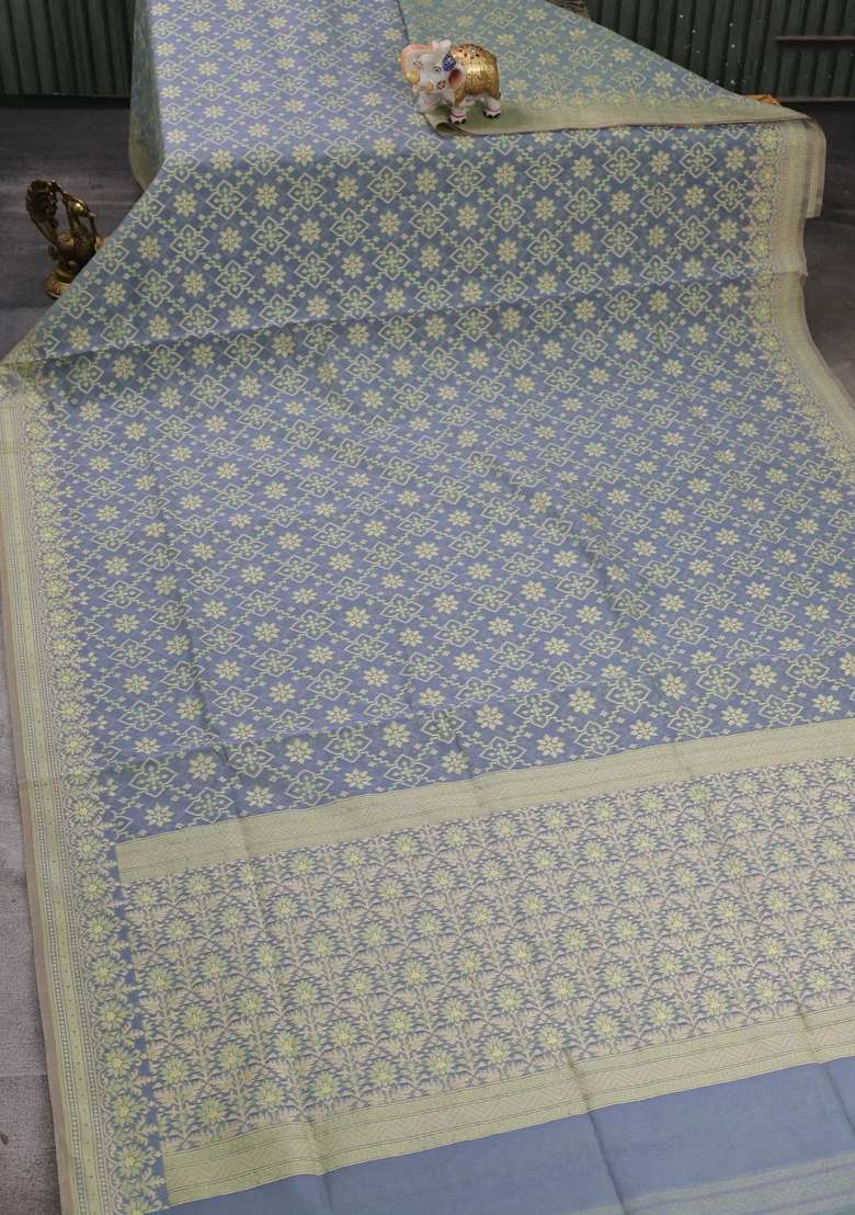 Banarasi Cotton Saree Dual Shade Of Grey With Allover Thread Weaves And Woven Border With Traditional Woven Design For Women - Indya