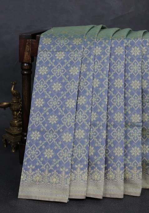 Banarasi Cotton Saree Dual Shade Of Grey With Allover Thread Weaves And Woven Border With Traditional Woven Design For Women