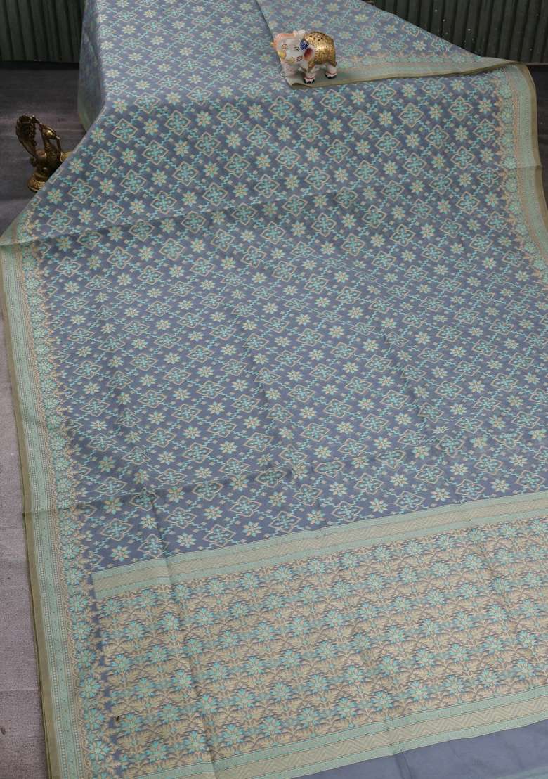 Banarasi Cotton Saree Grey With Allover Thread Weaves And Woven Border With Traditional Woven Design For Women - Indya