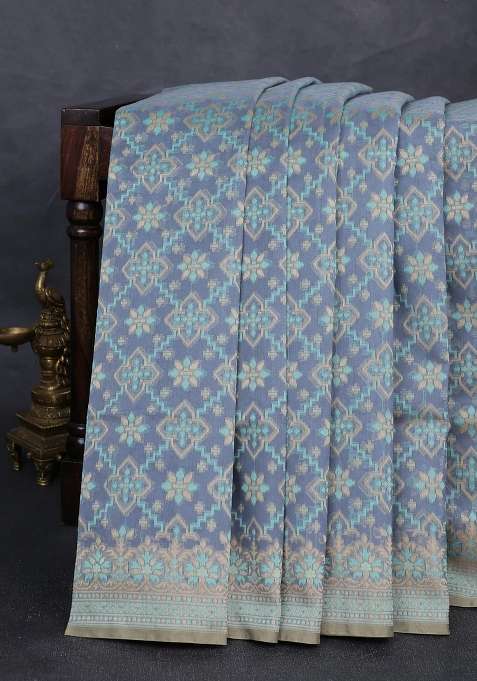 Banarasi Cotton Saree Grey With Allover Thread Weaves And Woven Border With Traditional Woven Design For Women