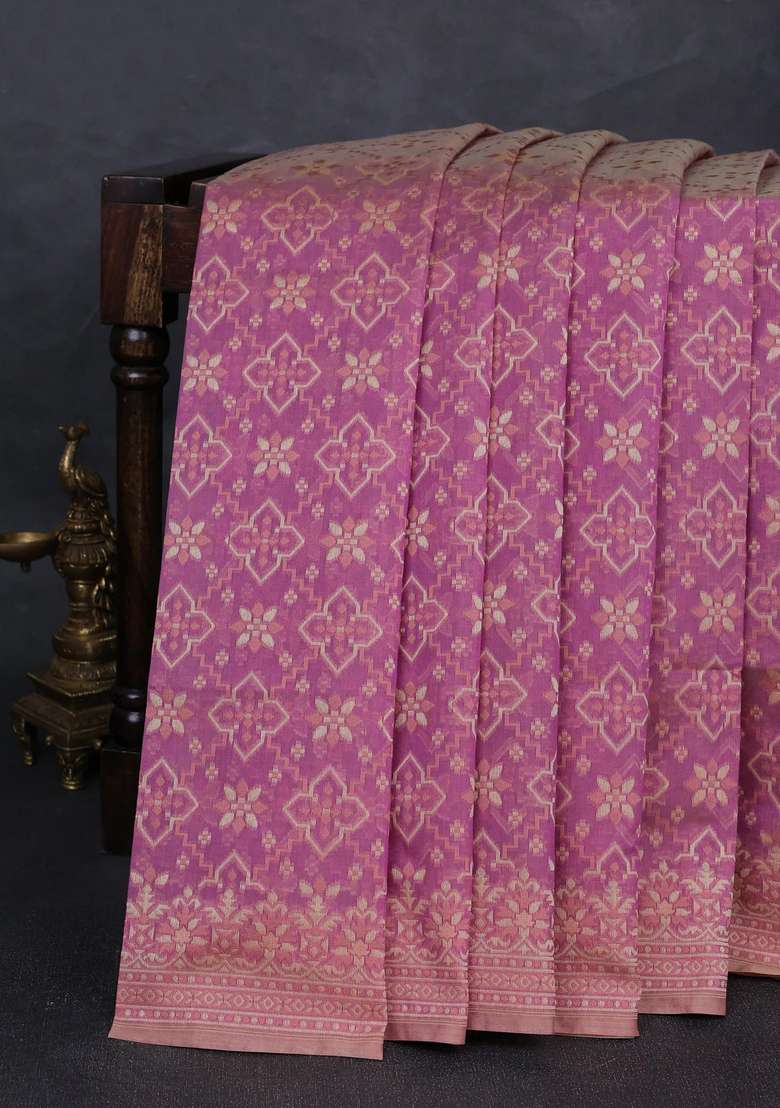 Banarasi Cotton Saree Mauve Pink With Allover Thread Weaves And Woven Border With Traditional Woven Design For Women - Indya