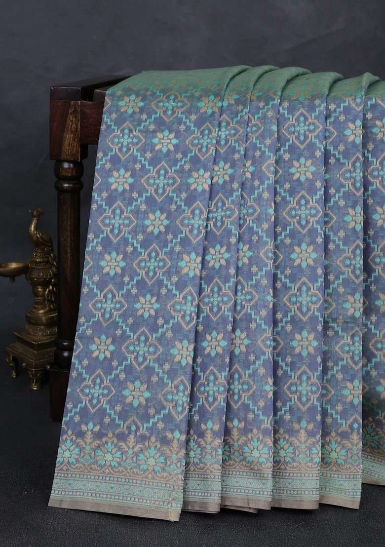 Banarasi Cotton Saree Bluish Grey With Allover Thread Weaves And Woven Border With Traditional Woven Design For Women - Indya