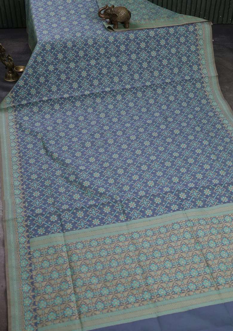 Banarasi Cotton Saree Bluish Grey With Allover Thread Weaves And Woven Border With Traditional Woven Design For Women - Indya