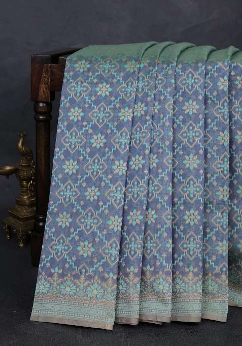 Banarasi Cotton Saree Bluish Grey With Allover Thread Weaves And Woven Border With Traditional Woven Design For Women