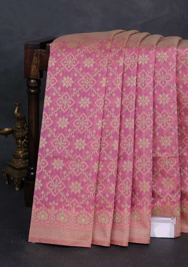 Banarasi Cotton Saree Pastel Pink With Allover Thread Weaves And Woven Border With Traditional Woven Design For Women - Indya