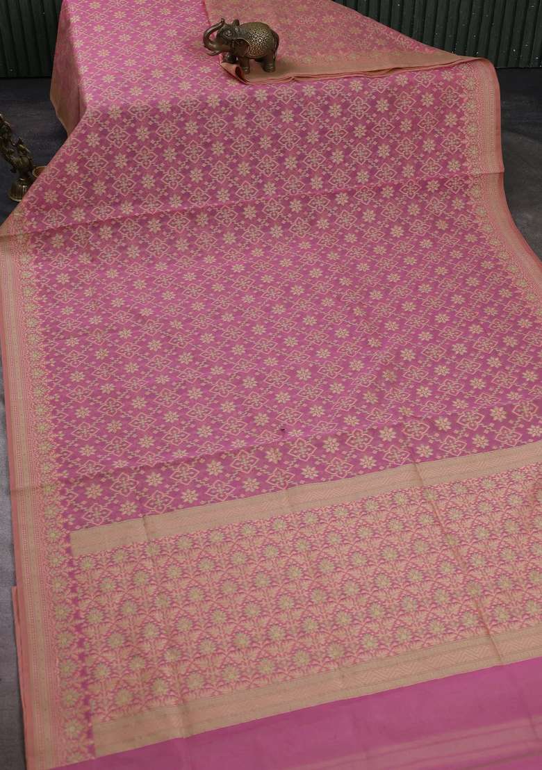 Banarasi Cotton Saree Pastel Pink With Allover Thread Weaves And Woven Border With Traditional Woven Design For Women - Indya