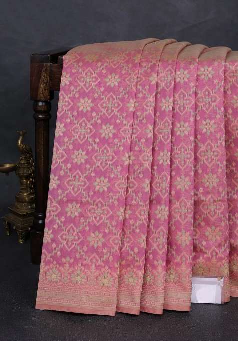 Banarasi Cotton Saree Pastel Pink With Allover Thread Weaves And Woven Border With Traditional Woven Design For Women