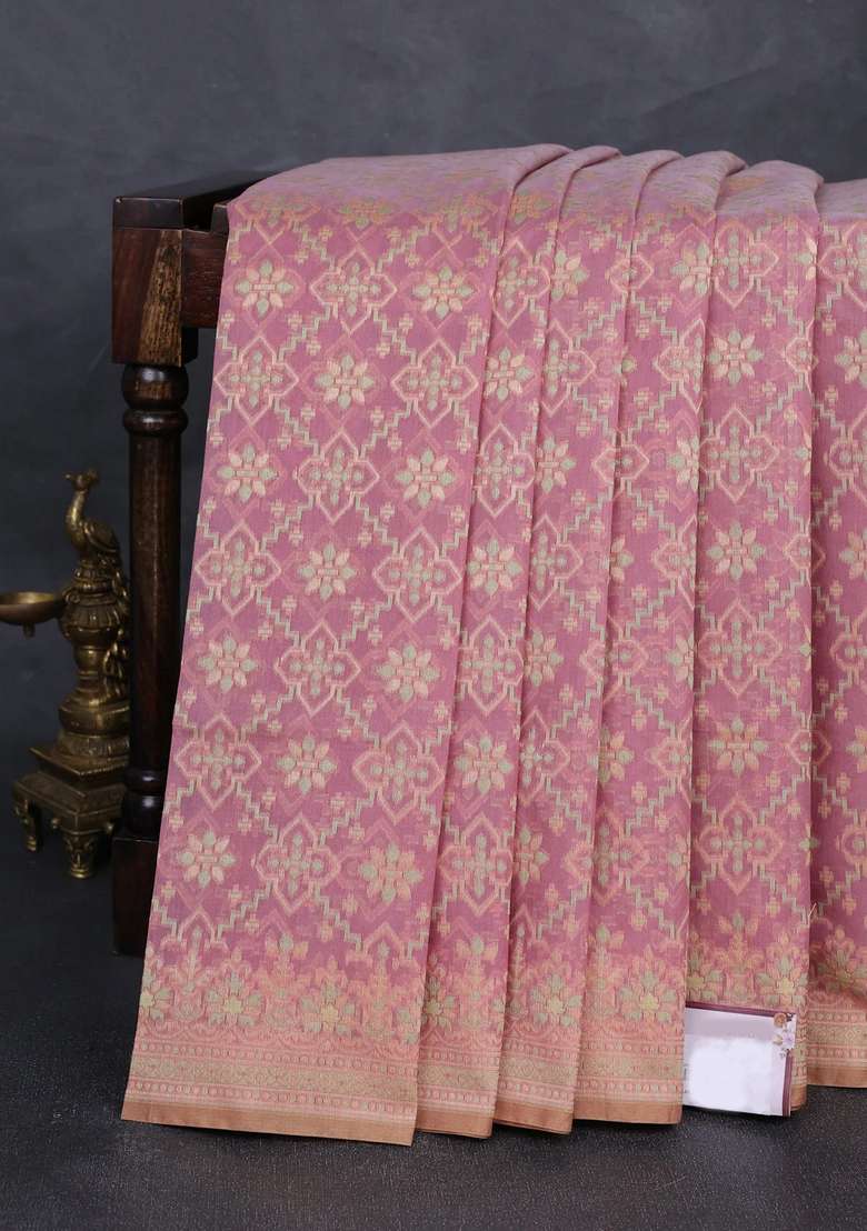 Banarasi Cotton Saree Mauve Pink With Allover Thread Weaves And Woven Border With Traditional Woven Design For Women - Indya