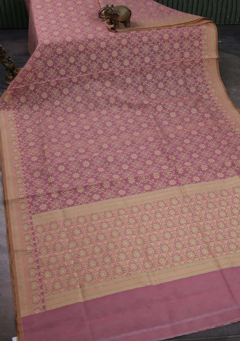 Banarasi Cotton Saree Mauve Pink With Allover Thread Weaves And Woven Border With Traditional Woven Design For Women - Indya