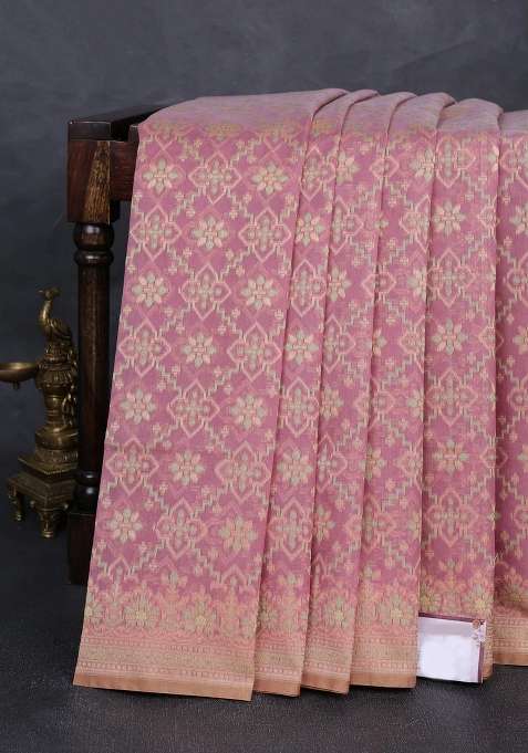 Banarasi Cotton Saree Mauve Pink With Allover Thread Weaves And Woven Border With Traditional Woven Design For Women
