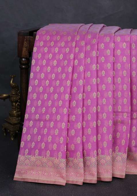 Banarasi Cotton Saree Light Pink With Thread Woven Buttas And Woven Border With Buttas And Brocade Design For Women