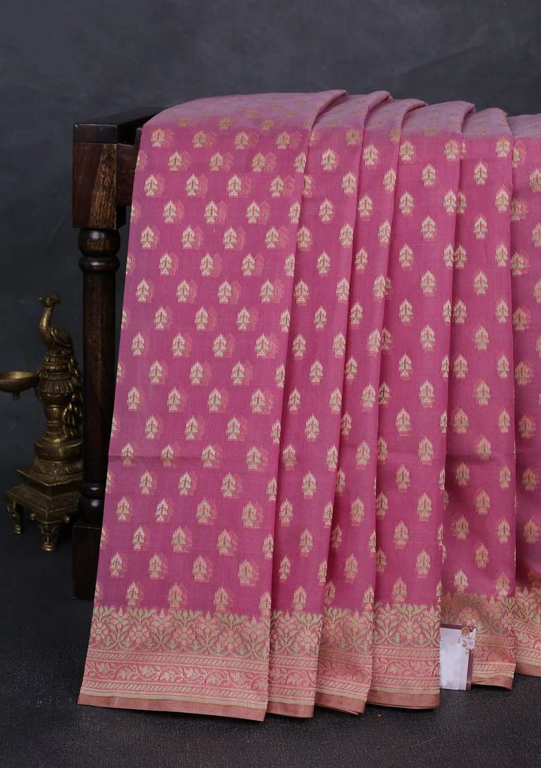 Banarasi Cotton Saree Mauve Pink With Thread Woven Buttas And Woven Border With Buttas And Brocade Design For Women - Indya