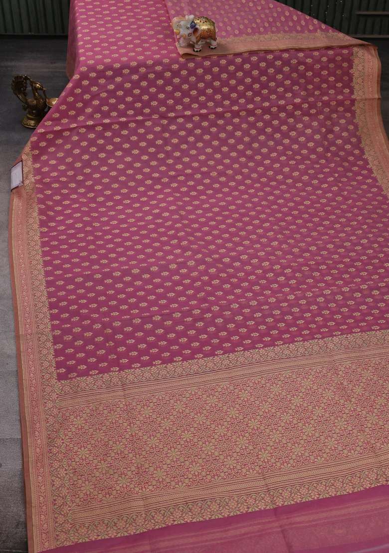 Banarasi Cotton Saree Mauve Pink With Thread Woven Buttas And Woven Border With Buttas And Brocade Design For Women - Indya