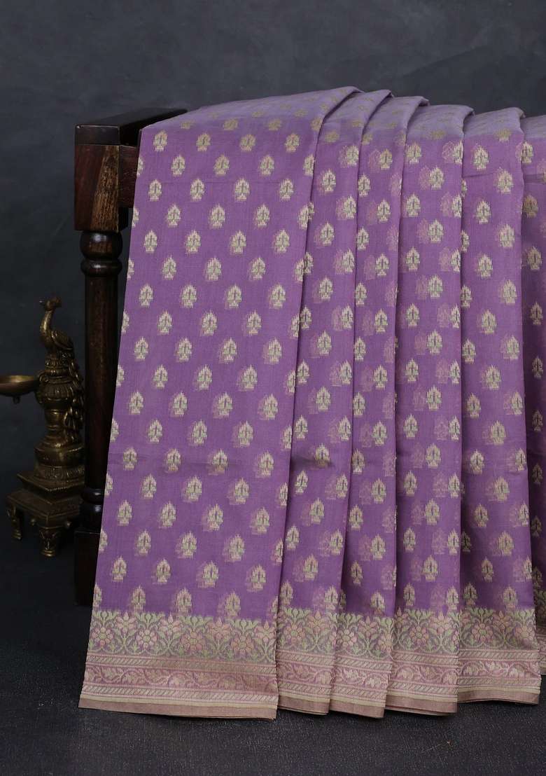 Banarasi Cotton Saree Lavender With Thread Woven Buttas And Woven Border With Buttas And Brocade Design For Women - Indya