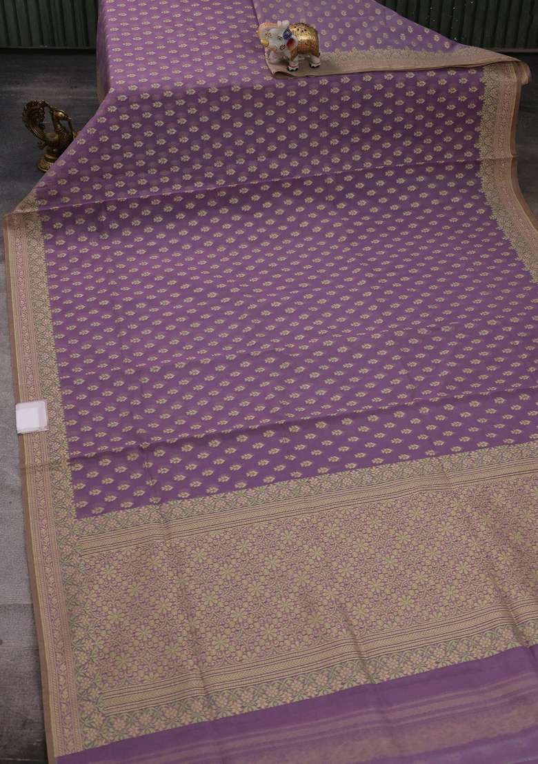 Banarasi Cotton Saree Lavender With Thread Woven Buttas And Woven Border With Buttas And Brocade Design For Women - Indya