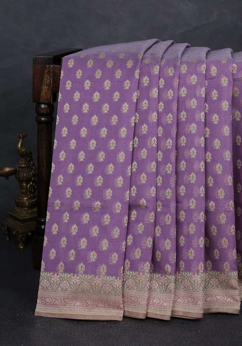 Banarasi Cotton Saree Lavender With Thread Woven Buttas And Woven Border With Buttas And Brocade Design For Women