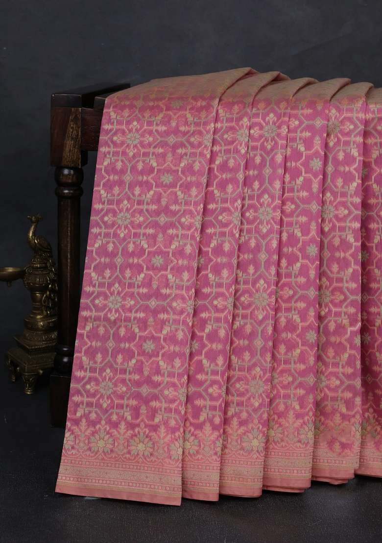 Banarasi Cotton Saree Peach Pink With Allover Thread Weaves And Woven Border With Traditional Woven Design For Women - Indya