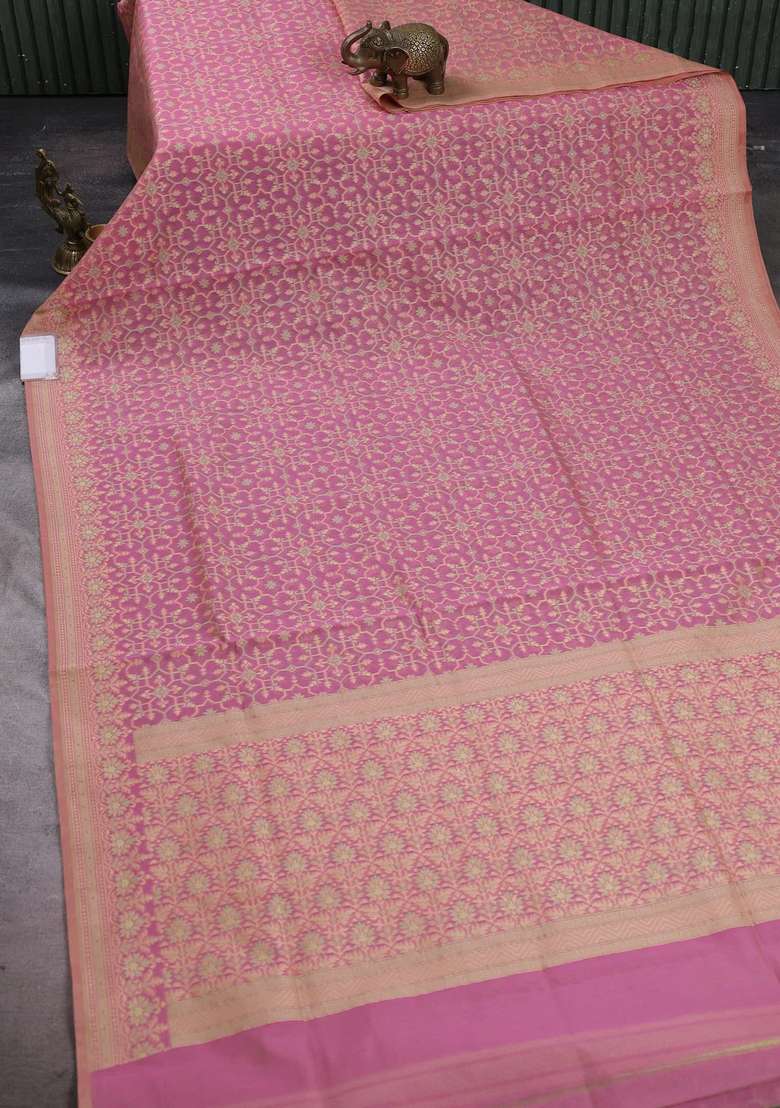 Banarasi Cotton Saree Peach Pink With Allover Thread Weaves And Woven Border With Traditional Woven Design For Women - Indya
