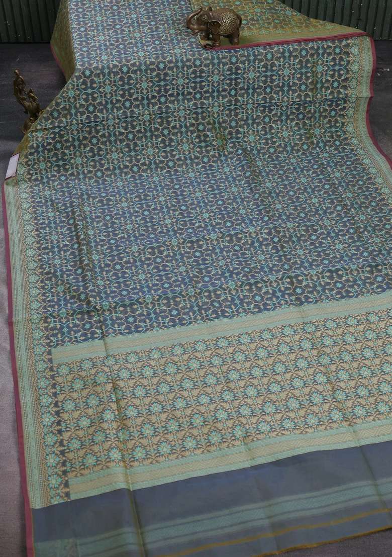 Banarasi Cotton Saree Dark Grey With Allover Thread Weaves And Woven Border With Traditional Woven Design For Women - Indya
