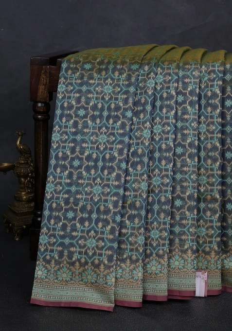 Banarasi Cotton Saree Dark Grey With Allover Thread Weaves And Woven Border With Traditional Woven Design For Women