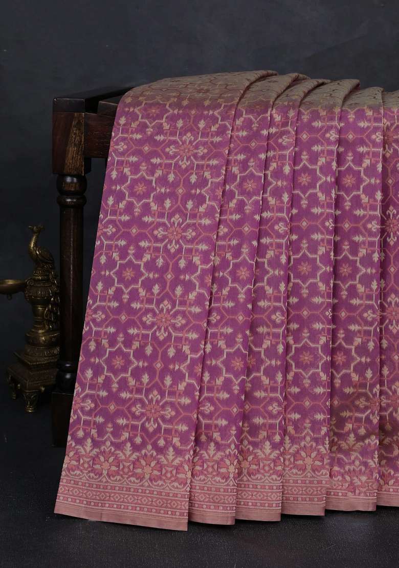 Banarasi Cotton Saree Purple With Allover Thread Weaves And Woven Border With Traditional Woven Design For Women - Indya