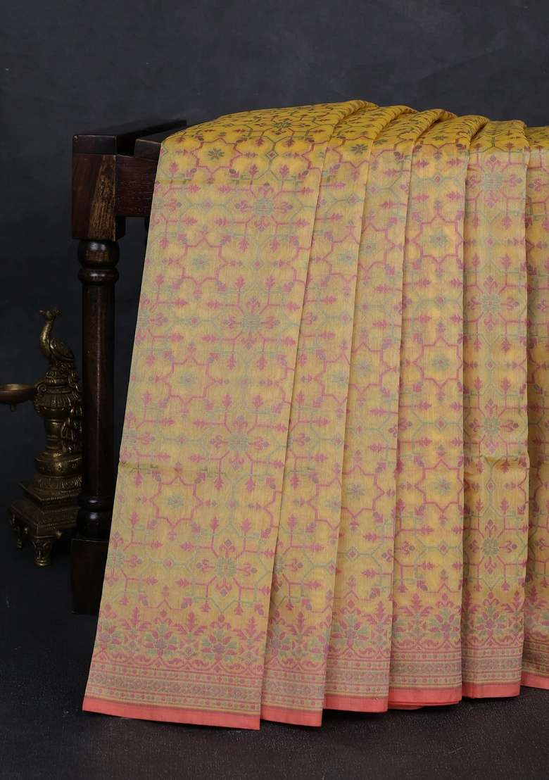 Banarasi Cotton Saree Yellow With Allover Thread Weaves And Woven Border With Traditional Woven Design For Women - Indya