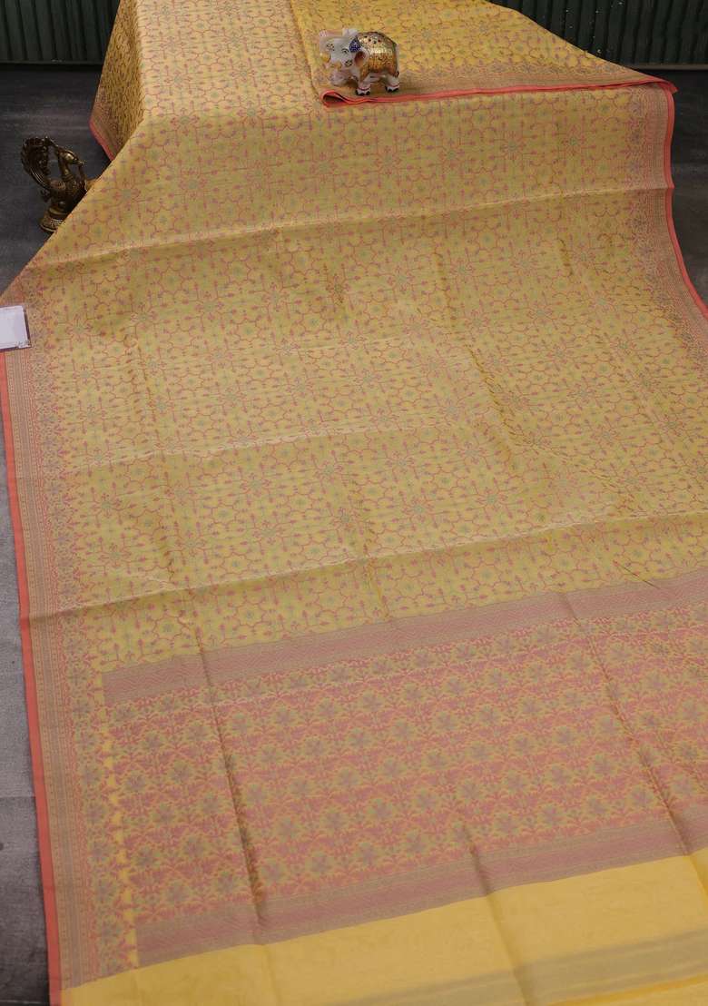 Banarasi Cotton Saree Yellow With Allover Thread Weaves And Woven Border With Traditional Woven Design For Women - Indya