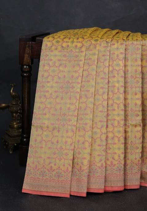 Banarasi Cotton Saree Yellow With Allover Thread Weaves And Woven Border With Traditional Woven Design For Women