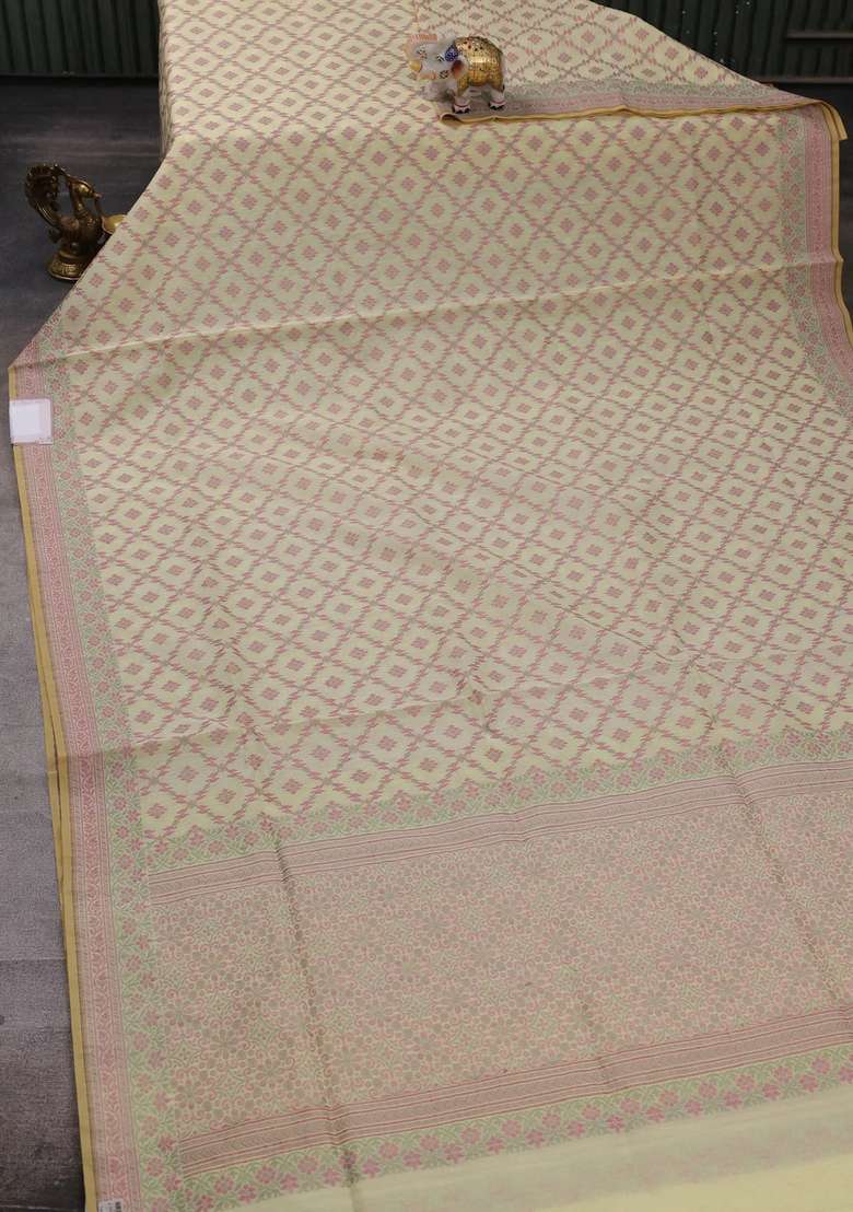 Banarasi Cotton Saree Pale Yellow With Allover Thread Weaves And Woven Border With Traditional Woven Design For Women - Indya