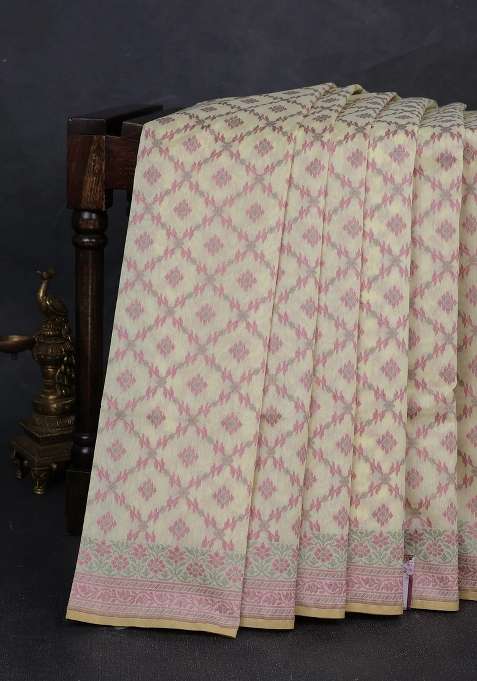 Banarasi Cotton Saree Pale Yellow With Allover Thread Weaves And Woven Border With Traditional Woven Design For Women