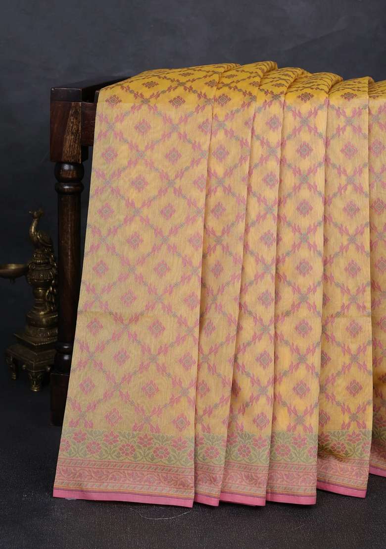 Banarasi Cotton Saree Yellow With Allover Thread Weaves And Woven Border With Traditional Woven Design For Women - Indya