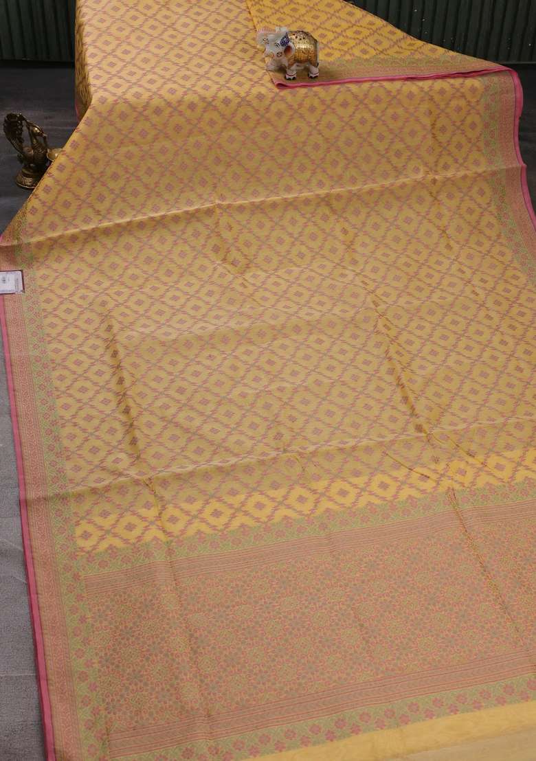 Banarasi Cotton Saree Yellow With Allover Thread Weaves And Woven Border With Traditional Woven Design For Women - Indya